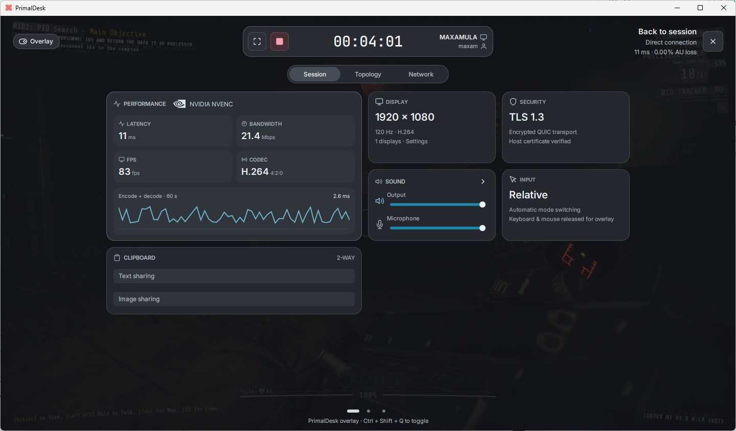 PrimalDesk session overlay over a running game, showing display, sound, input and stream performance controls